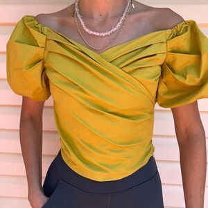 About Us mustard off shoulders elegant blouse, XXS (fits XS), puffed sleeves